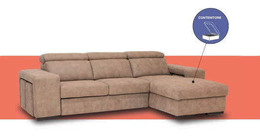 Divano tre posti in tessuto colore tortora con letto carrello e chaise long contenitore dx - misure cm. L 275/171 l 102 H 77 - Made in Italy