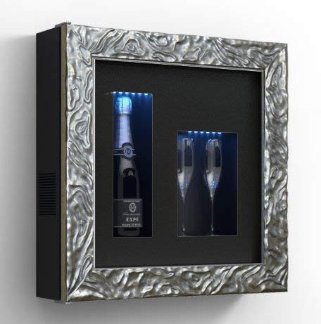 Cantinetta vino da parete per una bottiglia e vano neutro per 2 calici. / hpl Vetrocamera 20 mm . per bottiglia H324 D105 - peso 25 kg - luci a led blu(SF00)