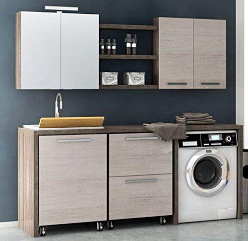 Dafne Italian Design Mobile lavanderia L.202 P.63 Rovere, Top Legno c/lavabo in Politek - Lampada led - Pensile 2 ante - Specchio contenitore - Carrelli sotto lav., cassettone, Tavoletta lavapanni