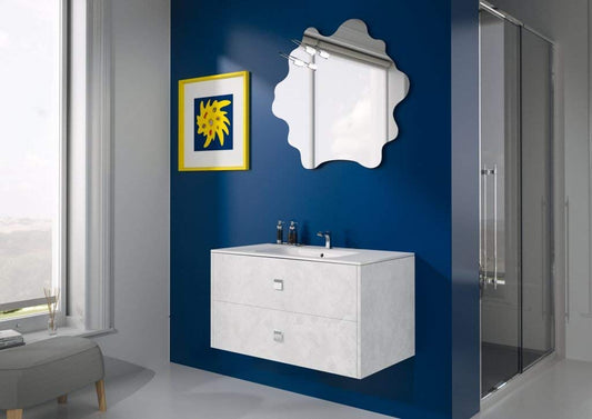Mobile da bagno eggetto spatolato b.co c/lavabo rett. e specchio design c/led - Base c/ 2 cassetti e top con lavabo integrato