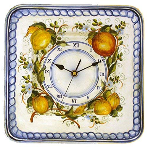 Dafne Italian Design Orologio quadrato da parete in ceramica artistica di Castelli, Dimensioni: cm 24x24