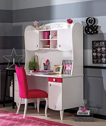Dafne Italian Design Scrivania bianco e fuxia172x124x61 cm, cassetto - mensole- due ante porta oggetti - nella parte inferiore cassettiera e mensola con sportello - piedi intagliati