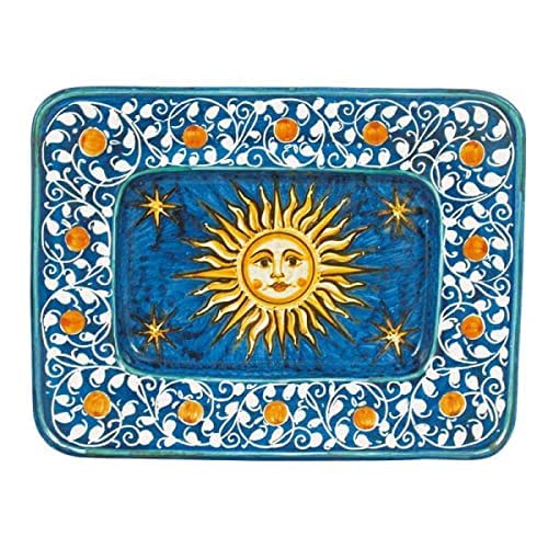 Piatto Decorativo Rettangolare in Ceramica Artistica Italiana con Sole e Stelle. Dimensioni: 33.782 × 25.908 cm.