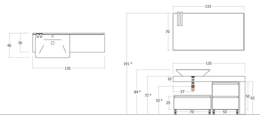 Dafne Italian Design Mobile da Bagno Grigio con Ruote Misura cm. Misura: L.135 x P.36 x H 50 cm - Top in Legno, lavabo, Ante e cassetti, con Specchio con luci a LED - 100% Made in Italy