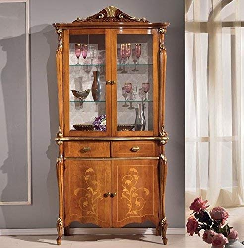 Dafne Italian Design Cristalliera 2 ante 2 cassetti noce scuro, decorazioni oro, schienale tappezzato -cm: 109 cm - 47 cm - H 221 cm.Stile classico - 100% Made in Italy (SF17)