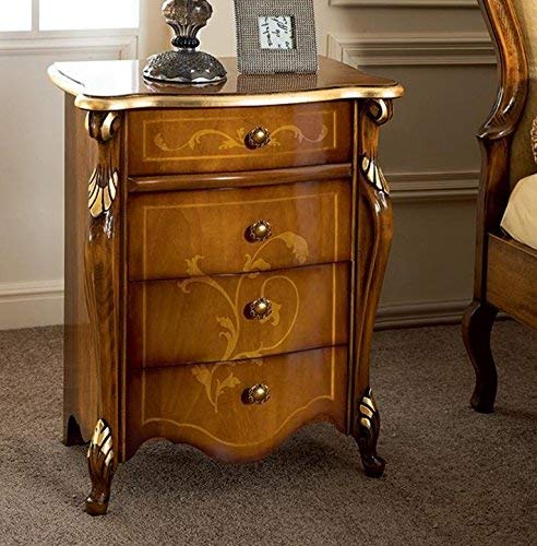 Dafne Italian Design Coppia di comodini, noce scuro, decorazioni oro -cm: 66 cm - 39 cm - H 76 cm - 0,22 Mc - Stile classico - 100% Made in Italy (SF17)