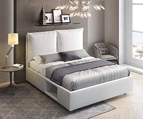 Dafne Italian Design Letto matrimoniale contenitore e vano libri incorporata, similpelle lavabile, testiera imbottita, colore bianco - 170 x 205 x 110 cm. 100% Made in Italy (STI)