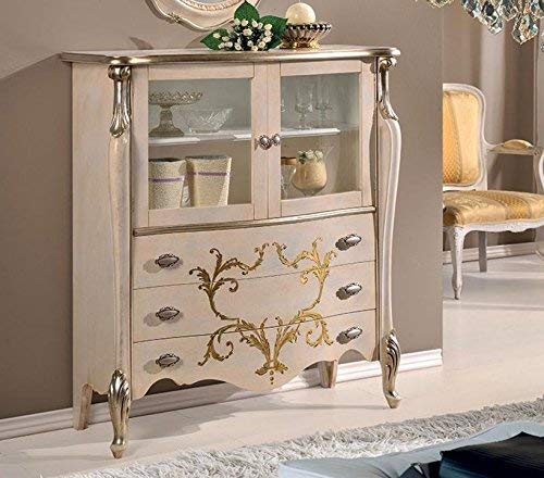 Dafne Italian Design Vetrina 2 ante ? 3 cassetti, colore bianco sporco, decorazioni oro e argento -cm: 107 cm - 40 cm - H 120 cm ? 0,60 Mc ? Stile classico - 100% Made in Italy (SF17)