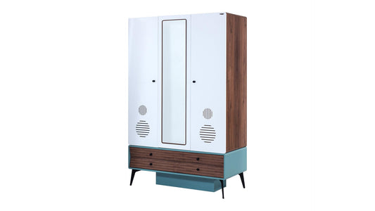 Dafne Italian Design Armadio tre ante con specchio Kampus colore bianco, legno e azzurro misura cm.130x201x61