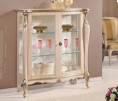 Dafne Italian Design Vetrina 2 ante bassa, colore bianco perla, decorazioni argento -cm: 107 cm - 40 cm - H 120 cm.Stile classico 100% Made in Italy (SF17)