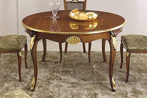 Dafne Italian Design Tavolo con sedie stile classico noce scuro e rifiniture oro- ? 140 cm (allungabile 100 cm) ? H 79 cm. Sedia-cm: 49X54X H 100 cm - 100% Made in Italy (SF17)