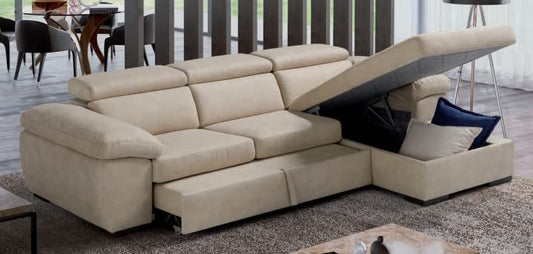 Dafne Italian Design Divano tre posti con chaise longue e letto carrello in tessuto color panna - misura cm. L 281x171 l 102 H 77 - Made in Italy