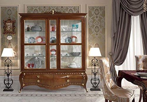 Dafne Italian Design Vetrina 3 ante legno scuro c/decorazione con foglia oro, H. 228 x P. 52 x L. 190, schienale multistrato di pioppo tappezzato