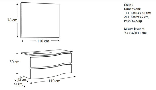Dafne Italian Design Mobile da bagno sospeso cm. 110x55x190 con lavabo in vetro e specchio - colonna sospesa: 150x50x26 finitura bianco lucido.
