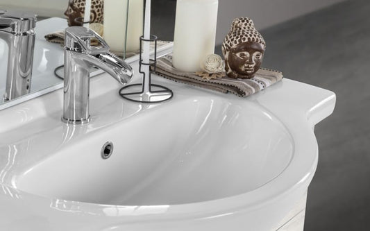 Mobile da bagno "Missy" finitura quercia bianca composto da: componibile bagno cm. 85x50x190 (base, lavabo, specchio, pensile) - colonna 2 ante cm. 69x34x150 - mobile con anta e cassetto cm. 34x34x80