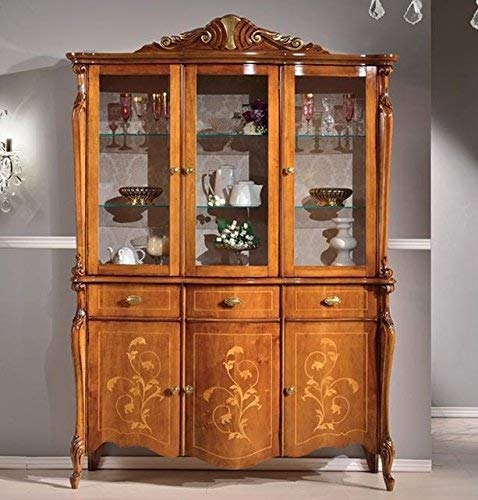 Dafne Italian Design Cristalliera 3 ante 3 cassetti senza cimasa, noce scuro, decorazioni oro, 157x52xH 221 cm. Stile classico - 100% Made in Italy (SF17)