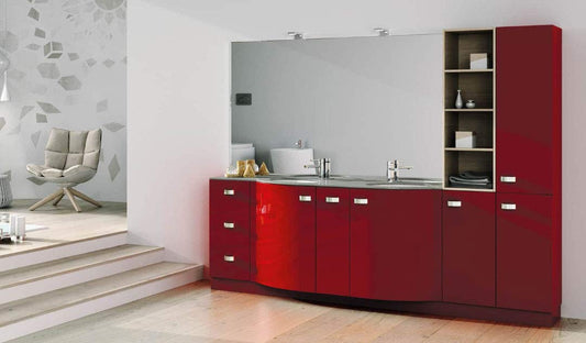 Mobile lavabo per bagno , colore rosso - base 3 cassetti, L.180,5 2 lavabi ovale sottopiano in ceramica, specchio bordo L.180 H.106. - varii vani con ante a battente - 100% Made in Italy