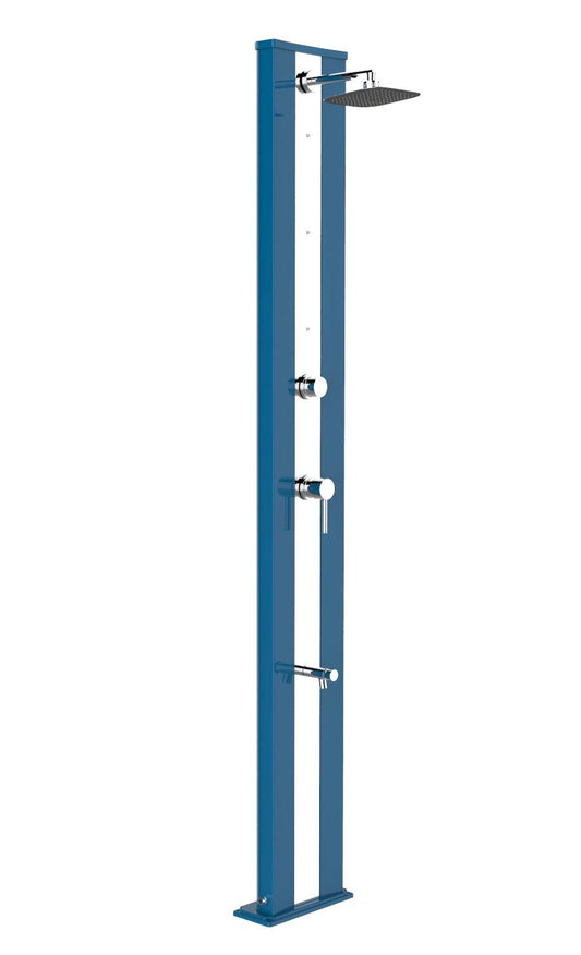 Doccia a energia Solare Arkema D450 5012 I Dada S Colore Blu con Fascia Decorativa Inox Struttura in Alluminio Verniciata a Polvere Miscelatore Acqua Calda Fredda lavapiedi e nebulizzatori