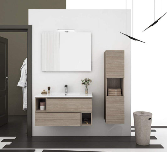 Mobile da bagno sospeso misura L.91 P.46 Finitura: Olmo Terra, specchio, 2 cassetti, 2 vani a giorno, colonna sospesa - Top lavabo in resina