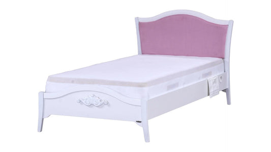 Dafne Italian Design Letto una piazza e mezza Reyna colore bianco con schienale in tessuto rosa, cm. 137 X 203 X 211 comprensivo di materasso cm. 120x200x25.