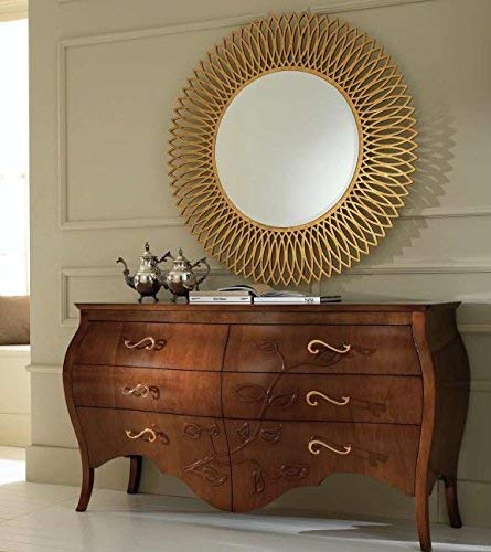 Dafne Italian Design Specchiera rotonda in legno noce traforato, decorazione foglia oro, � 125, 12 Kg, 100% Made in Italy
