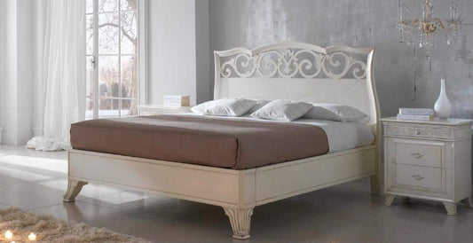 Dafne Italian Design Letto matrimoniale avorio, testiera traforata, H.136XP.220XL.190 - per rete 180X200, vintage