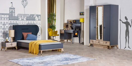 Dafne Italian Design TUTTOCAMERETTE.IT - Cameretta completa per ragazzi stile essenziale blu e legno chiaro. Comprende letto, comodino, armadio, scrivania, sedia girevole, tappeto anallergico, [LVT]