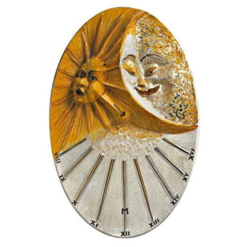Meridiana in ceramica artistica italiana da parete raffigurante sole, luna e meridiana. Dimensioni: 25,5 x 28,9 cm.