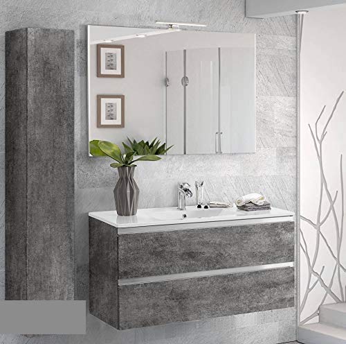 Dafne Italian Design Mobile da bagno sospeso colore grigio chiaro misura cm. 100 x 46 x 51h con lavabo integrato, colonna sospesa, specchio rettangolare.