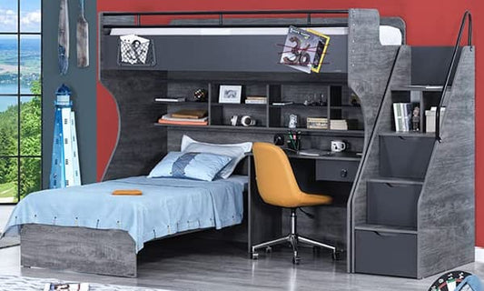 TUTTOCAMERETTE.IT - Cameretta completa per ragazzi stile industriale grigio chiaro e grigio scuro. Comprende letto a castello con scrivania incorporata, materassi, sedia, armadio - [LVT]