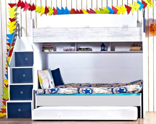 Dafne Italian Design TUTTOCAMERETTE.IT - Cameretta completa per ragazzi stile nordico blu e bianco. Comprende letto a castello, letto scorrevole, materassi, scrivania, sedia - [LVT]