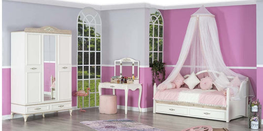 Dafne Italian Design TUTTOCAMERETTE.IT - Cameretta completa per ragazza e per bambina stile Chippendale bianca. Comprende letto, letto estraibile, materassi, armadio, toilette - [LVT]