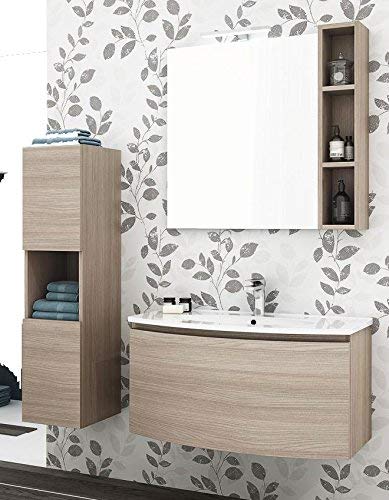 Mobile da bagno sospeso misura L.91 P.36/46 e colonna colore Olmo Terra - Top lavabo in resina - Base p/lav. 1 cassettone; mensola e specchio - Top lavabo in resina
