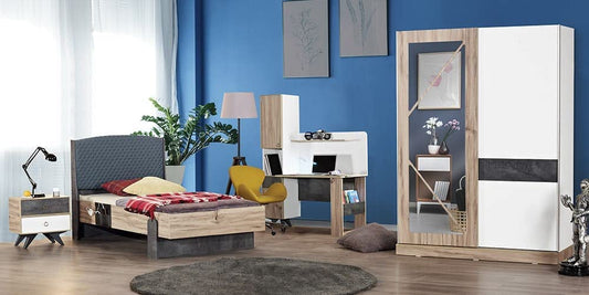 Dafne Italian Design TUTTOCAMERETTE.IT - Cameretta completa per ragazzi stile moderno legno bianco, grigio antracite e legno chiaro. Comprende letto, comodino, armadio, comò - LVT