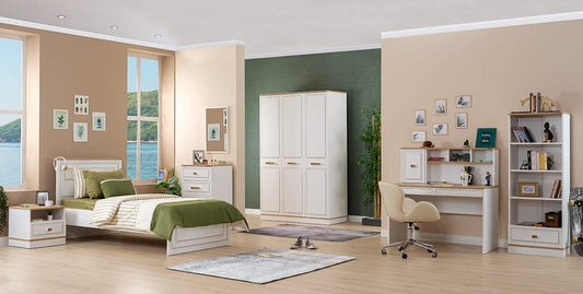 TUTTOCAMERETTE.IT - Cameretta completa per ragazzi stile classico colore bianco con inserti legno chiaro, comprende: letto singolo, comodino, armadio, comò, scrivania, sedia, libreria - [RTK]