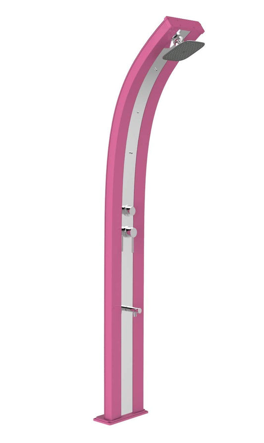 Doccia a energia Solare Arkema Dada D350 4003 I Colore Fucsia con Fascia Decorativa Inox Struttura in Alluminio Dotata di Miscelatore lavapiedi e nebulizzatori