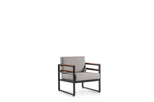 Dafne Italian Design Salotto da giardino per uso professionale, in alluminio antracite, cuscini lavabili grigio chiaro compresi. n.1 divano 3 posti, n.2 poltrone, n.1 tavolino, n.2 sgabelli.
