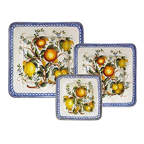 Dafne Italian Design Serie 3 piatti quadrangolari da parete in ceramica artistica di Castelli, Dimensioni: cm 39x39 - cm 24x24 - cm 29x29