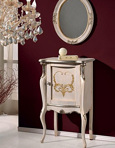 Dafne Italian Design Vetrina bassa 1 anta, gamba alta, colore bianco perla, decorazioni oro e argento, pannello chiuso -cm: 61 cm - 40 cm - H 100 cm. - 100% Made in Italy (SF17)