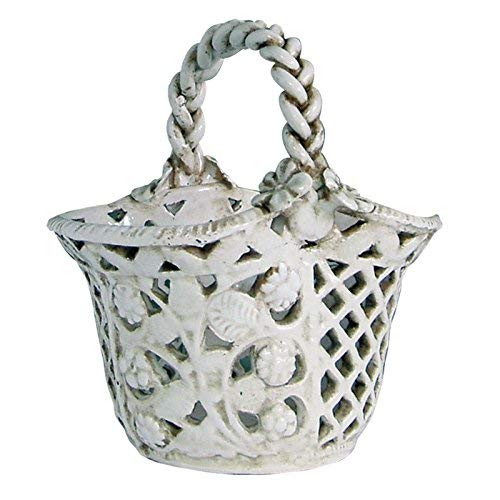 Dafne Italian Design Cestino traforato in ceramica artistica di Castelli, Dimensioni: cm 19x15 - h cm 20, bianco anticato