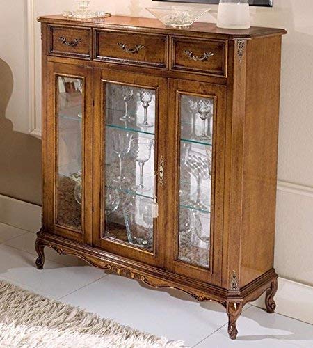 Dafne Italian Design Vetrinetta 3 ante 3 cassetti, noce scuro, schienale tappezzato -cm: 100 cm - 35 cm - H 115 cm ? 0,50 Mc ? Stile classico - - 100% Made in Italy (SF17)