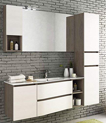 Dafne Italian Design Mobile da bagno colore Rovere Tranche, specchio con luci a led, Misura: L.165 P.46/35 cm, Top bianco, Lavabo In Ocritech C/Vasca Integrata