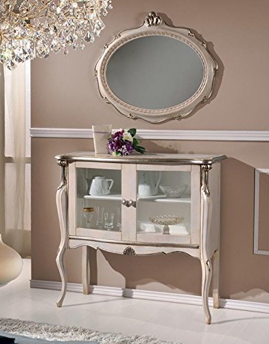 Dafne Italian Design Vetrina bassa 2 ante, gamba alta, colore bianco perla, decorazioni argento -cm: 108 cm - 40 cm - H 100 cm. Stile classico - 100% Made in Italy (SF17)