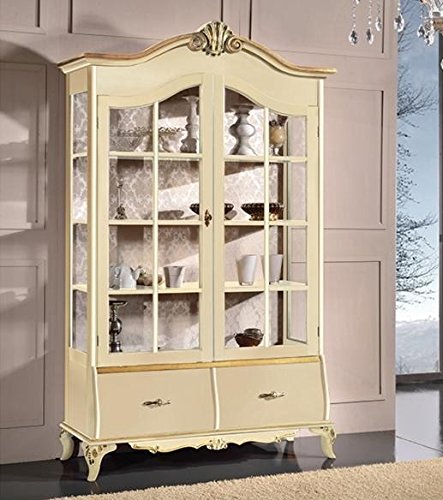 Dafnedesign.com - Vetrina 2 porte 2 cassetti, colore avorio, decorazioni oro - Dimensioni: h 125 cm - 44 cm - h 213 cm ﾖ 1,35 Mc (SF17)