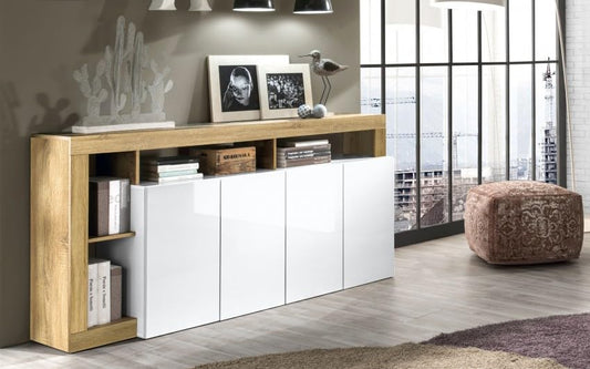 Dafne Italian Design Mobili da soggiorno moderni Amby color bianco lucido e rovere chiaro base tv cm. 184x41x58 e madia cm. 184x41x93