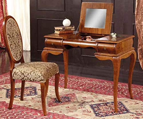 Set completo composto da: 1 Pettiniera con specchio, 2 cassetti, colore legno scuro ? 1 Sedia, colore legno scuro, fondo e schienale imbottito ? Stile classico - 100% Legno - 100% Made in Italy (GF17)