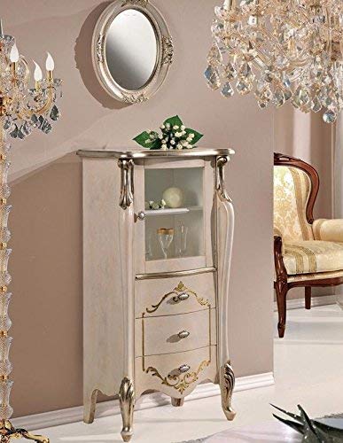 Dafne Italian Design Vetrina 1 anta ? 3 cassetti, colore bianco invecchiato, decorazioni oro e argento -cm: 60 cm - 40 cm - H 120 cm ? 0,34 Mc ? Stile classico - 100% Made in Italy (SF17)
