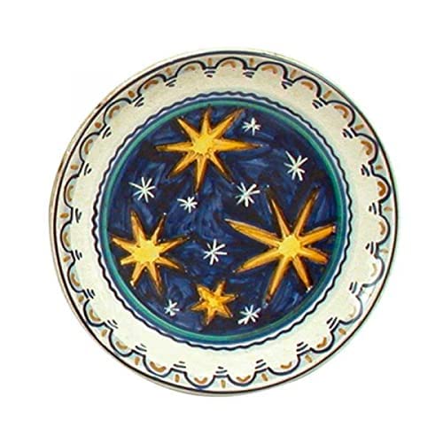 Piatto decorativo rotondo in ceramica con stelle. Fatto in Italia. Dimensioni: ø 19.812 cm.