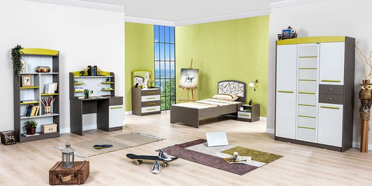 TUTTOCAMERETTE.IT - Cameretta completa per ragazzi stile eclettico grigio , bianco e verde acido. Comprende letto, materasso, comodino, armadio, scrivania, comò, specchio, libreria - [LVT]