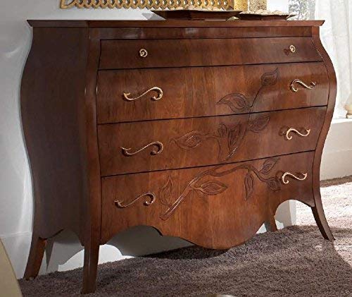 Dafne Italian Design Com�, colore legno scuro, decorazione foglia,113X56X137, 100 Kg, Piano legno massiccio - cassetti: pioppo - Piedi: legno di tiglio - 100% Made in Italy